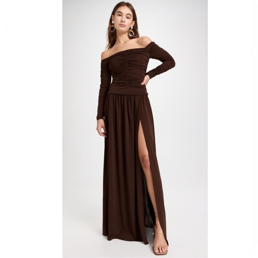 Tanya Taylor Marla Off-the-Shoulder Dress, Mocha Brown, NWT, Size 6 - Picture 2 of 11